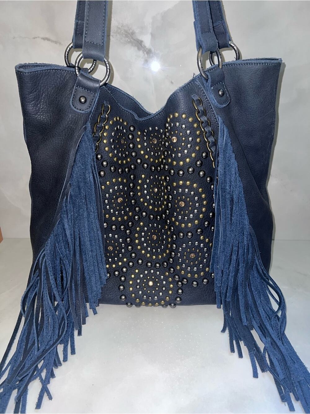 Delila Fringe Studded Leather Tote - Navy